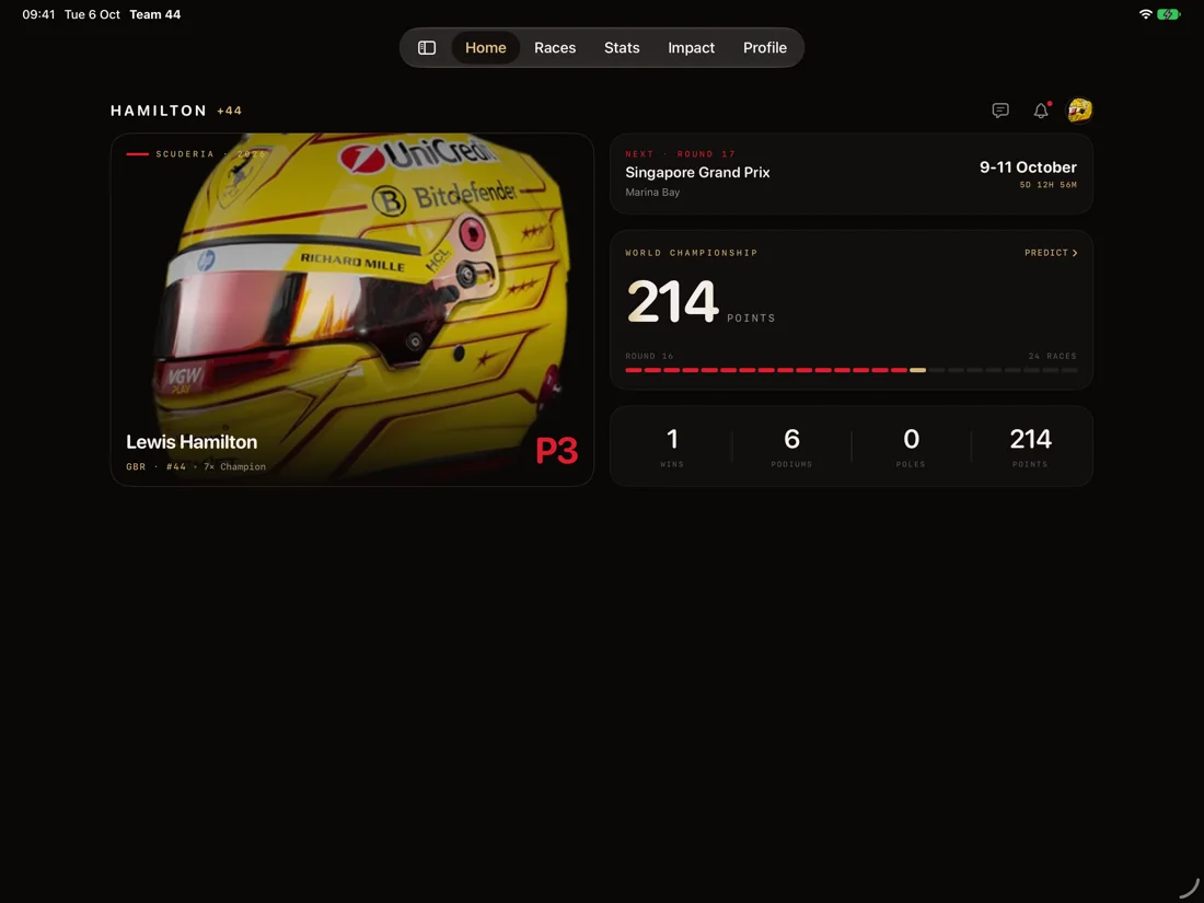 Team 44 on iPad: the Home screen with the next race countdown and season points