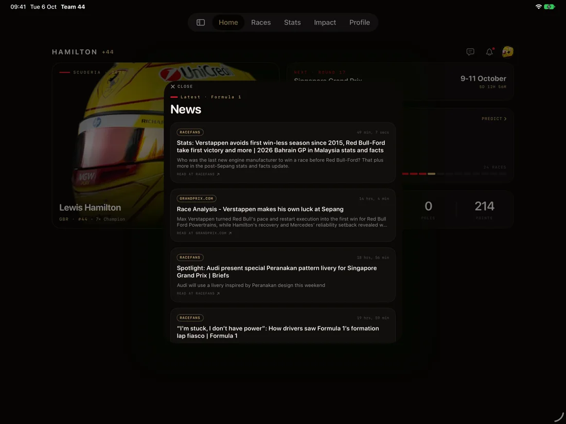 Team 44 on iPad: the F1 news feed