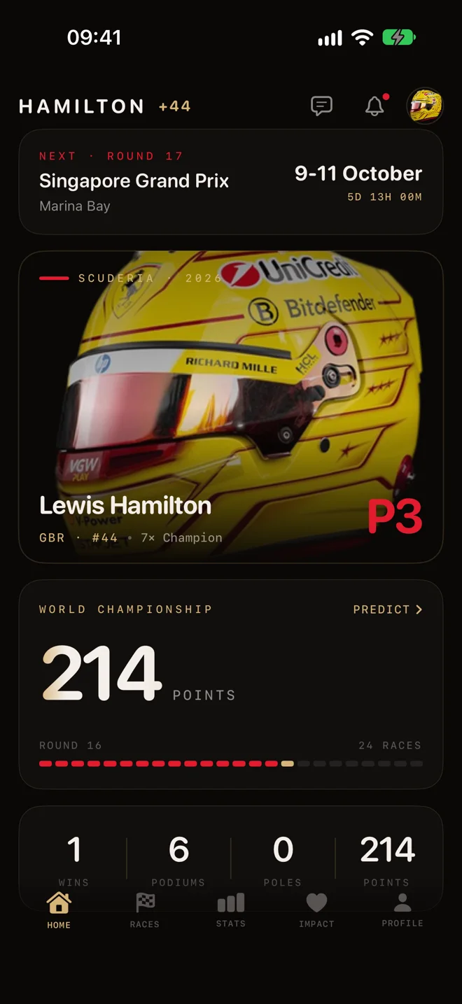 Team 44 on iPhone: the Home screen with the next race countdown and season points